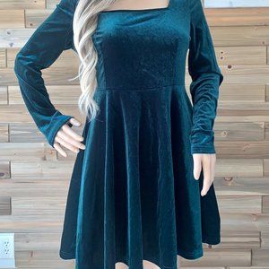Shein green velvet long sleeve flare dress